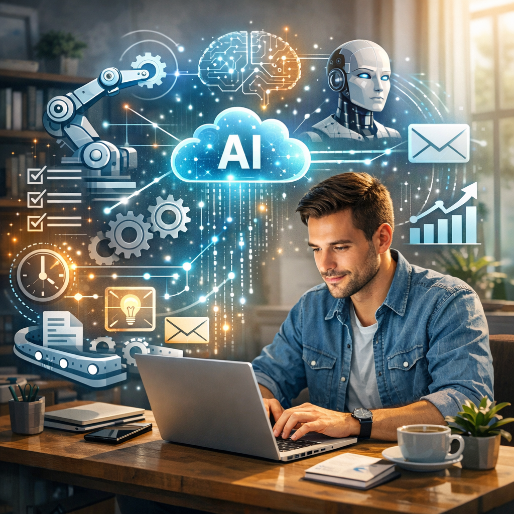 Freelance travaillant sur ordinateur portable, illustrant la productivité et l’automatisation grâce à l’IA